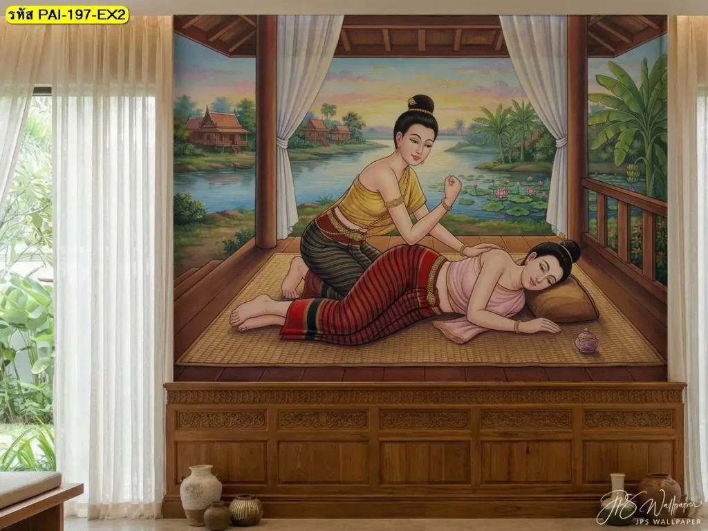 วอลเปเปอร์ตกแต่งร้านนวด ถ่ายทอดท่านวดตะแคง กดสะโพกในโทนภาพสงบละมุน สำหรับงานรับผลิตวอลเปเปอร์