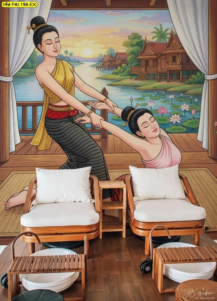 ภาพแต่งร้านนวดแผนไทย วางภาพท่านวดไทยท่านอนคว่ำ ดัดยืดแขน แอ่นหลัง อย่างนุ่มนวล พร้อมรายละเอียดที่จัดวางโดยช่างติดวอลเปเปอร์