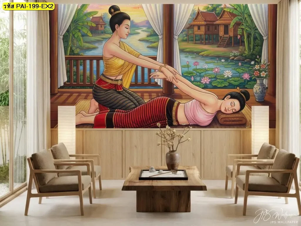 Thai massage wall mural เล่าเสน่ห์ท่านวดไทยท่านอนตะแคง ดัดยืดแขนและหัวไหล่ ด้วยองค์ประกอบไทยร่วมสมัยสำหรับรับพิมพ์วอลเปเปอร์