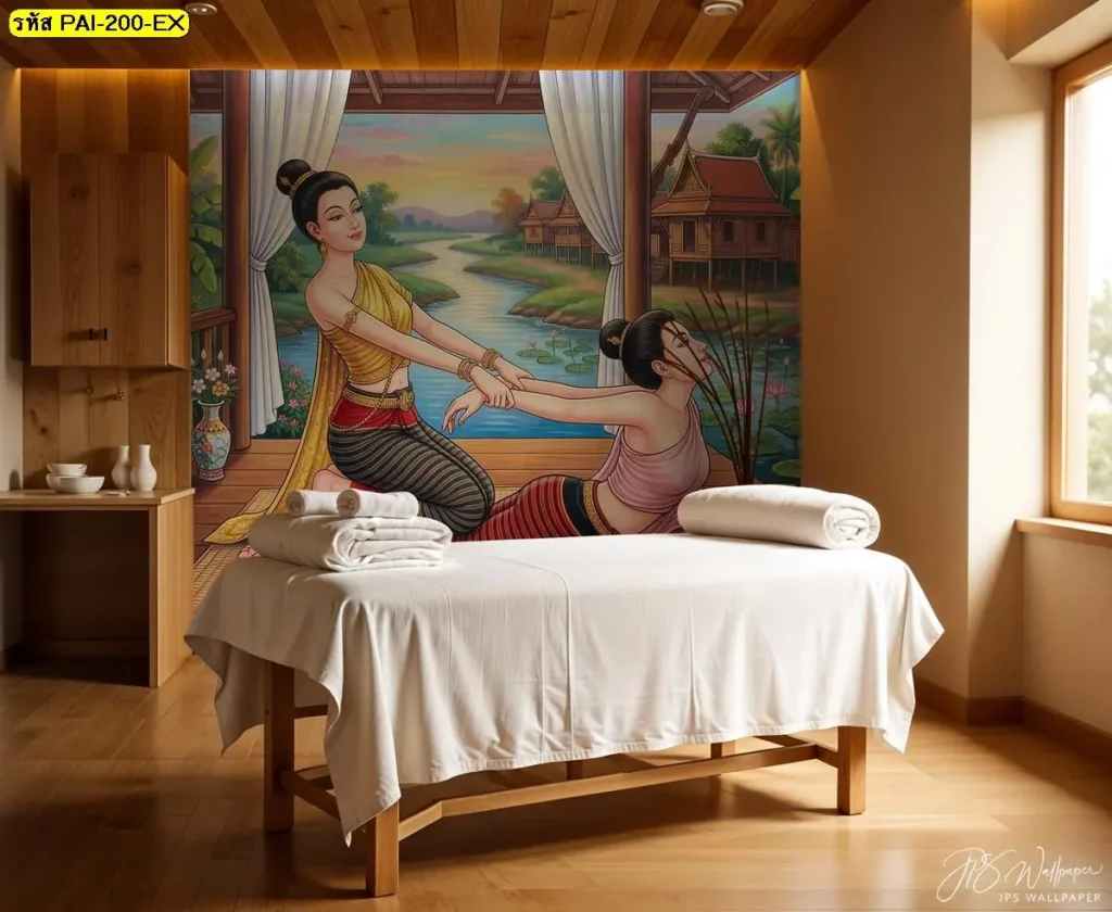Thai massage wall mural ถ่ายทอดท่านวดไทยท่านอนคว่ำ ดัดยืดแขน แอ่นหลัง ในอารมณ์สงบนุ่มลึกของงานรับผลิตวอลเปเปอร์