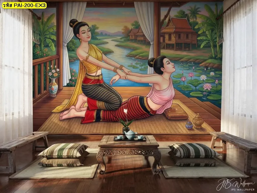 ภาพติดผนังหญิงไทยนวด แสดงท่านวดไทยท่านอนคว่ำ ดัดยืดแขน แอ่นหลัง อย่างอ่อนโยนในฉากไทยร่วมสมัยจากช่างติดวอลเปเปอร์