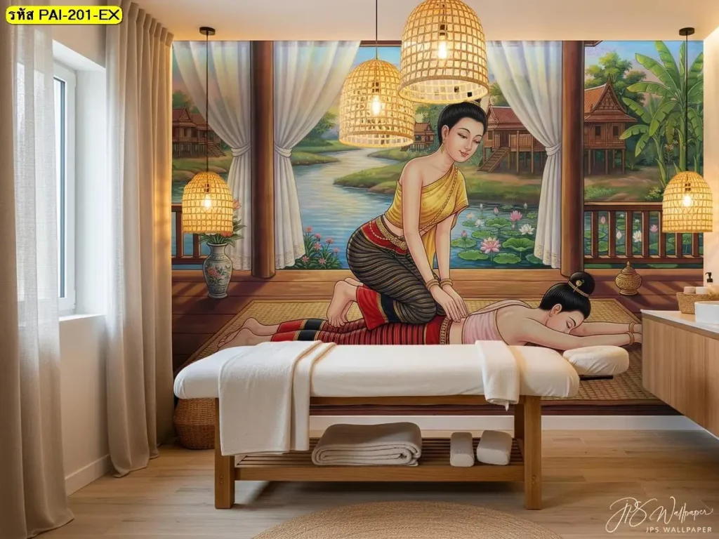 วอลเปเปอร์ภาพนวดไทย ถ่ายทอดท่านวดไทยท่านอนคว่ำ กดหลัง กดแนวหลังและเอว ในบรรยากาศไทยสงบจากร้านขายวอลเปเปอร์
