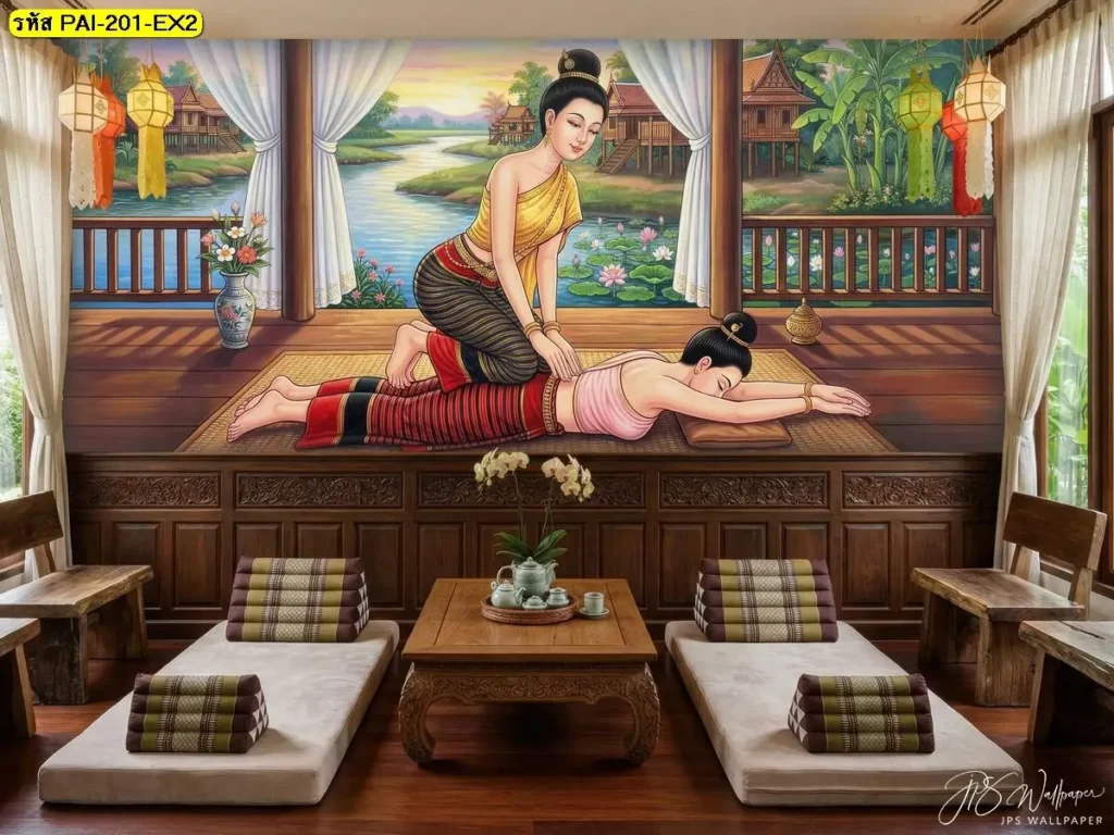 วอลเปเปอร์ภาพนวดไทย โทนละมุน แสดงท่านอนคว่ำ กดแนวหลังและเอว พร้อมรายละเอียดงานโดยช่างติดวอลเปเปอร์