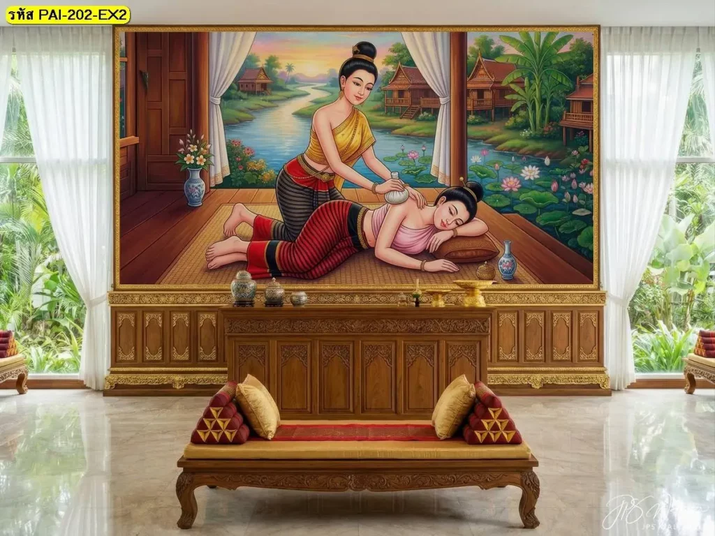 รูปติดผนังลายนวดไทย สร้างบรรยากาศร้านนวดไทยด้วยท่าประคบสมุนไพร บริเวณบ่าและไหล่ พร้อมทีมช่างติดวอลเปเปอร์