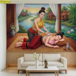 วอลเปเปอร์ภาพนวดไทย รูปติดผนังลายนวดไทย ภาพวาดนวดไทยติดผนัง ท่านวดไทยท่านอนคว่ำ กดหลัง กดแนวหลังและเอว ท่าประคบสมุนไพร บริเวณบ่าและไหล่