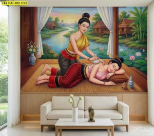 วอลเปเปอร์ภาพนวดไทย รูปติดผนังลายนวดไทย ภาพวาดนวดไทยติดผนัง ท่านวดไทยท่านอนคว่ำ กดหลัง กดแนวหลังและเอว ท่าประคบสมุนไพร บริเวณบ่าและไหล่