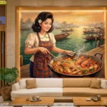 ภาพต้มยำกุ้งแต่งผนังร้านอาหารไทย แสดงกุ้งแม่น้ำและหม้อต้มยำเป็นจุดเด่น เหมาะสำหรับใช้สร้างผนังไฮไลต์ในร้านอาหาร โดยรับผลิตตามขนาดพื้นที่จริง