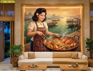 ภาพต้มยำกุ้งแต่งผนังร้านอาหารไทย แสดงกุ้งแม่น้ำและหม้อต้มยำเป็นจุดเด่น เหมาะสำหรับใช้สร้างผนังไฮไลต์ในร้านอาหาร โดยรับผลิตตามขนาดพื้นที่จริง
