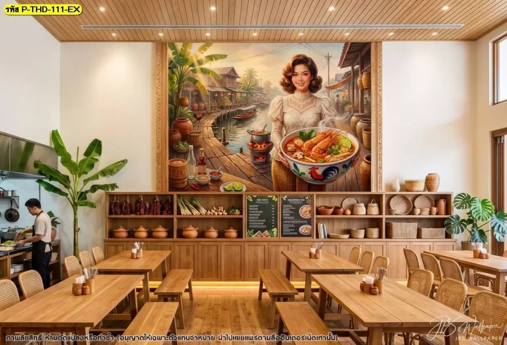 วอลเปเปอร์แต่งร้านอาหารไทยพร้อมภาพต้มยำกุ้งแม่น้ำ จัดองค์ประกอบอาหารให้เห็นชัด เหมาะสำหรับผนังไฮไลต์และพื้นที่ที่ต้องการเชื่อมโยงการตกแต่งกับเมนู
