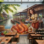 วอลเปเปอร์ลายต้มยำกุ้งแต่งร้าน แสดงกุ้งแม่น้ำ หม้อต้มยำ และสมุนไพรไทย เหมาะสำหรับใช้ตกแต่งผนังร้านอาหารไทยและสร้างจุดเด่นจากเมนูอาหาร