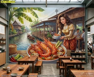 วอลเปเปอร์ลายต้มยำกุ้งแต่งร้าน แสดงกุ้งแม่น้ำ หม้อต้มยำ และสมุนไพรไทย เหมาะสำหรับใช้ตกแต่งผนังร้านอาหารไทยและสร้างจุดเด่นจากเมนูอาหาร