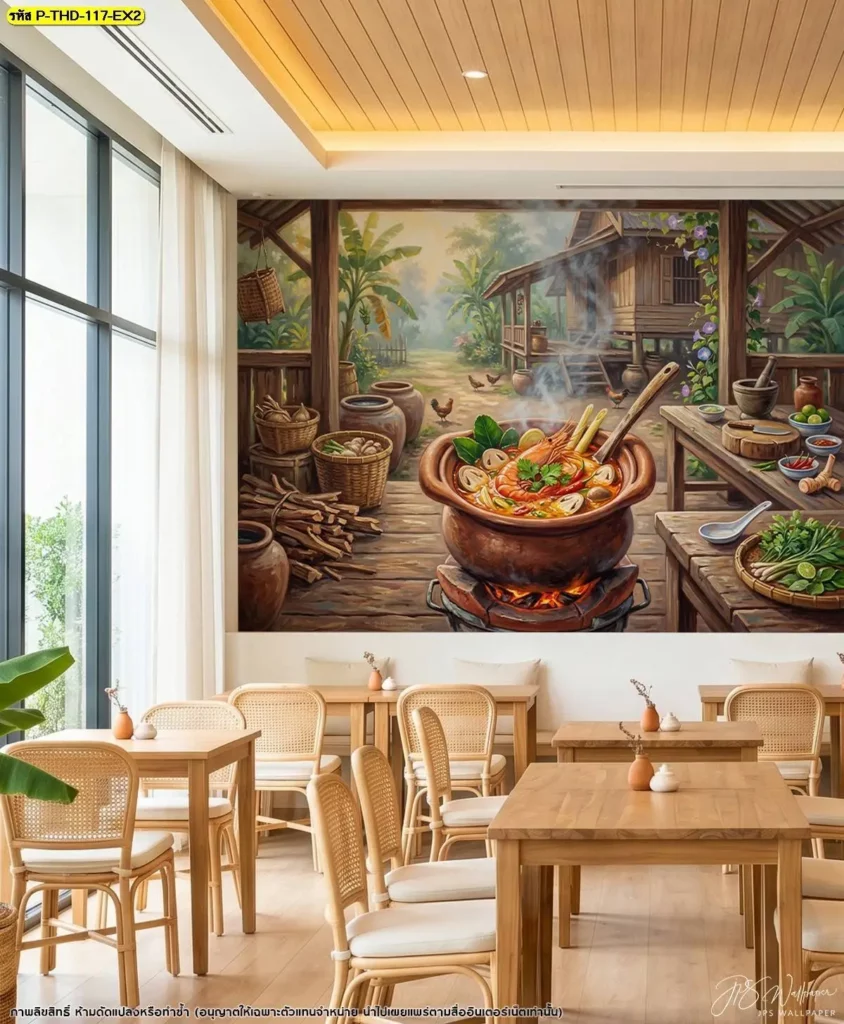 วอลเปเปอร์อาหารต้มยำกุ้งร้านไทย แสดงภาพกุ้งแม่น้ำและน้ำต้มยำอย่างชัดเจน เหมาะสำหรับร้านอาหารไทยที่ต้องการใช้ภาพเมนูอาหารสร้างรายละเอียดและจุดเด่นให้กับผนัง
