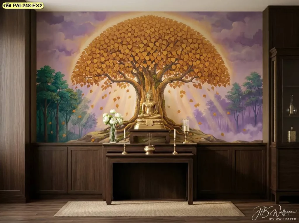 วอลเปเปอร์พุทธศิลป์แต่งผนัง ใช้ต้นโพธิ์สีทองเป็นภาพหลัก เหมาะสำหรับตกแต่งผนังห้องพระ หิ้งพระ ศาลาปฏิบัติธรรม และพื้นที่ที่ต้องการงานศิลป์เกี่ยวกับพระพุทธศาสนา