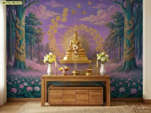 ภาพใบโพธิ์สีทองพุทธศิลป์ แสดงรายละเอียดของใบโพธิ์สีทองบนพื้นหลังเรียบ เหมาะสำหรับตกแต่งผนังห้องพระ หิ้งพระ และพื้นที่ที่ต้องการงานพุทธศิลป์อย่างเป็นระเบียบ