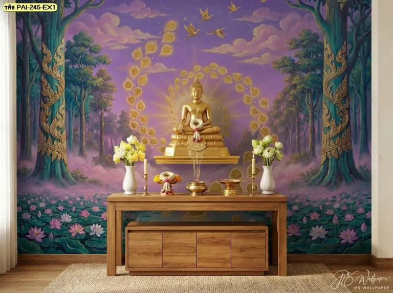 ภาพใบโพธิ์สีทองพุทธศิลป์ แสดงรายละเอียดของใบโพธิ์สีทองบนพื้นหลังเรียบ เหมาะสำหรับตกแต่งผนังห้องพระ หิ้งพระ และพื้นที่ที่ต้องการงานพุทธศิลป์อย่างเป็นระเบียบ