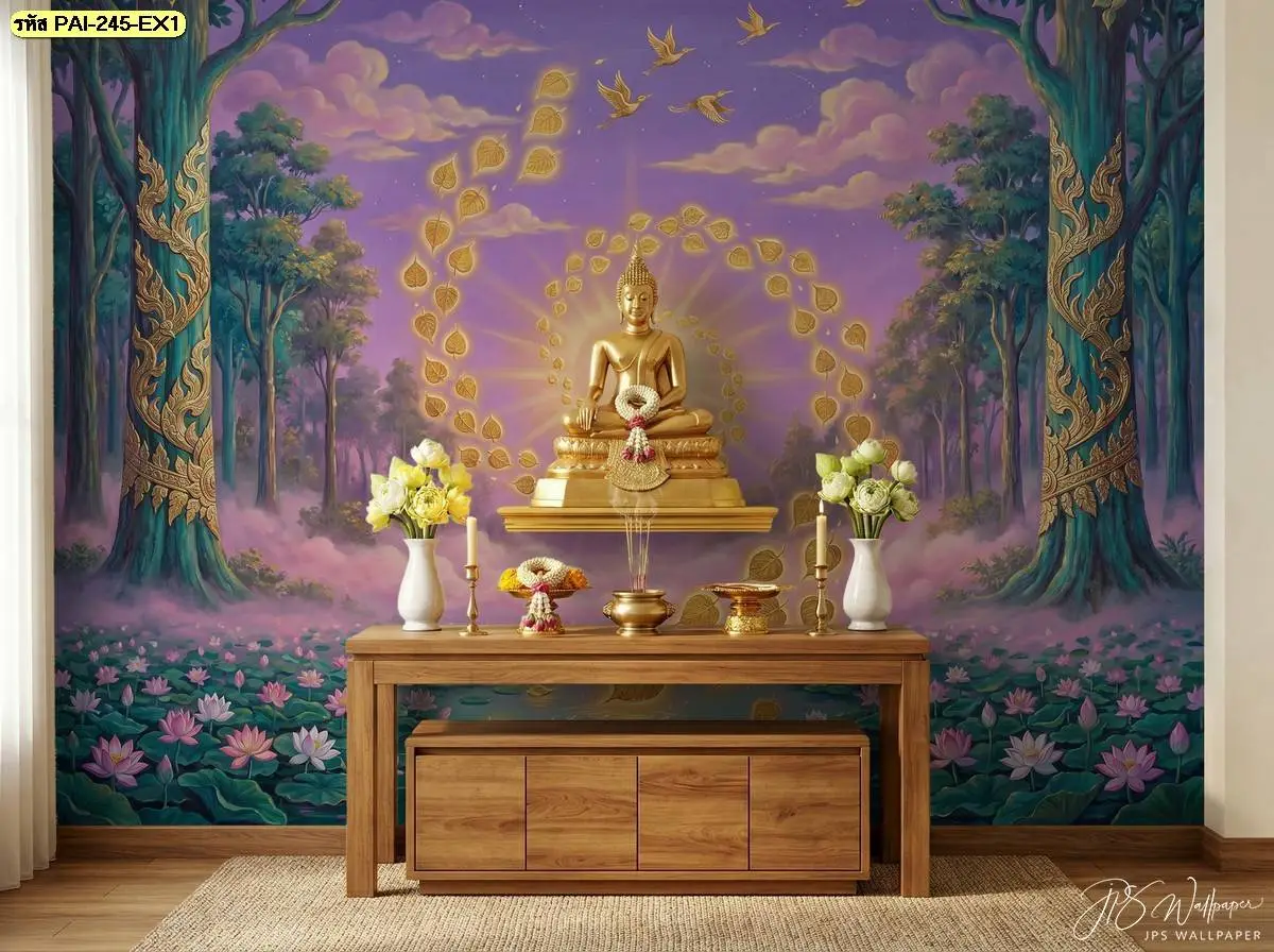 ภาพใบโพธิ์สีทองพุทธศิลป์ แสดงรายละเอียดของใบโพธิ์สีทองบนพื้นหลังเรียบ เหมาะสำหรับตกแต่งผนังห้องพระ หิ้งพระ และพื้นที่ที่ต้องการงานพุทธศิลป์อย่างเป็นระเบียบ
