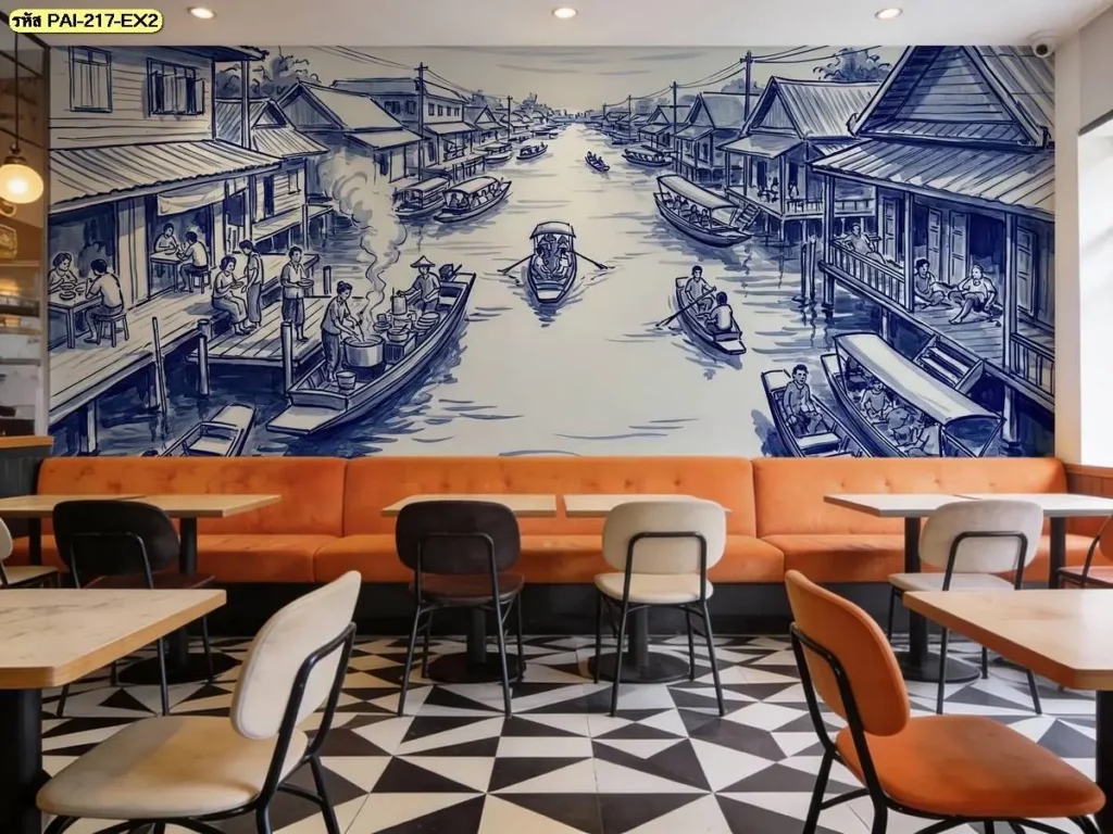 วอลเปเปอร์ภาพตลาดโบราณไทย นำเสนอภาพตลาดริมคลอง บ้านเรือน และร้านค้าในบรรยากาศย้อนยุค เหมาะสำหรับภาพติดผนังร้านอาหารไทยที่ต้องการสื่อเรื่องราววิถีไทย