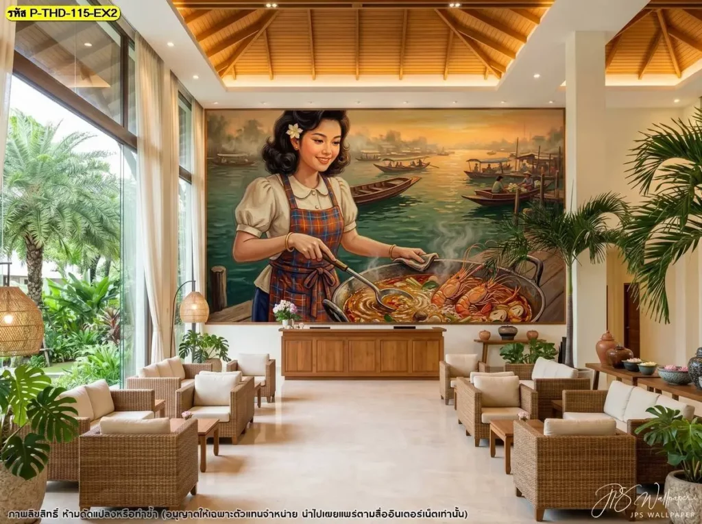 ภาพติดผนังเมนูต้มยำกุ้งสำหรับร้านอาหารไทย จัดองค์ประกอบด้วยกุ้ง สมุนไพร และหม้อต้มยำ เหมาะสำหรับผนังด้านหลังโต๊ะอาหาร โดยรับผลิตตามแบบ