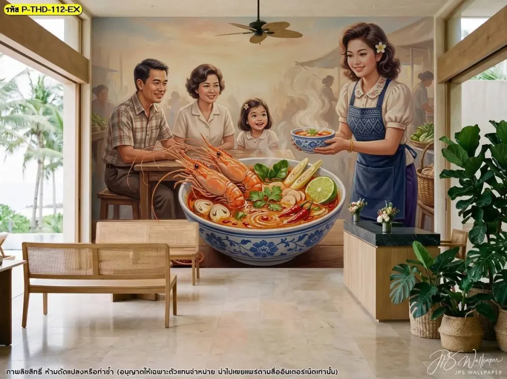 วอลเปเปอร์ภาพต้มยำกุ้งแต่งร้าน แสดงสีของน้ำต้มยำและเครื่องสมุนไพรอย่างชัดเจน เหมาะสำหรับร้านอาหารไทยที่ต้องการเพิ่มรายละเอียดให้กับผนังพื้นที่หลัก