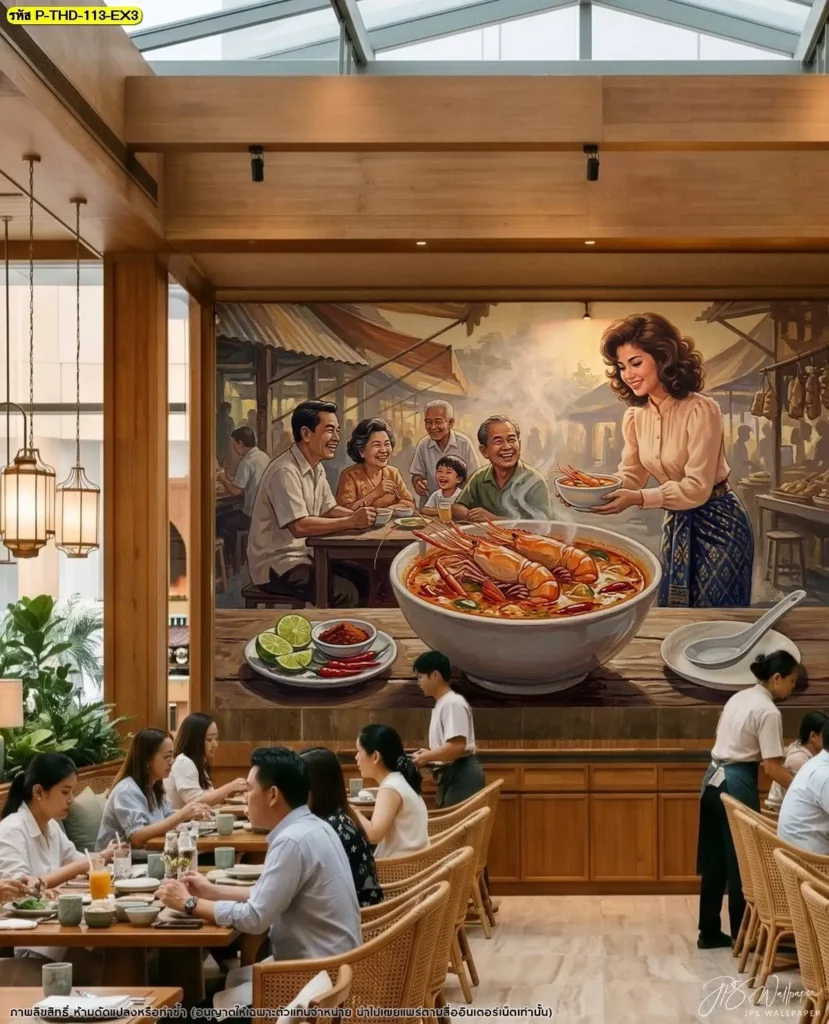 รูปภาพต้มยำกุ้งแต่งผนังร้านอาหารไทย เน้นกุ้งแม่น้ำเป็นจุดเด่น พร้อมพริก ตะไคร้ และใบมะกรูด เหมาะสำหรับร้านอาหารที่ต้องการตกแต่งผนังให้เข้ากับเมนู