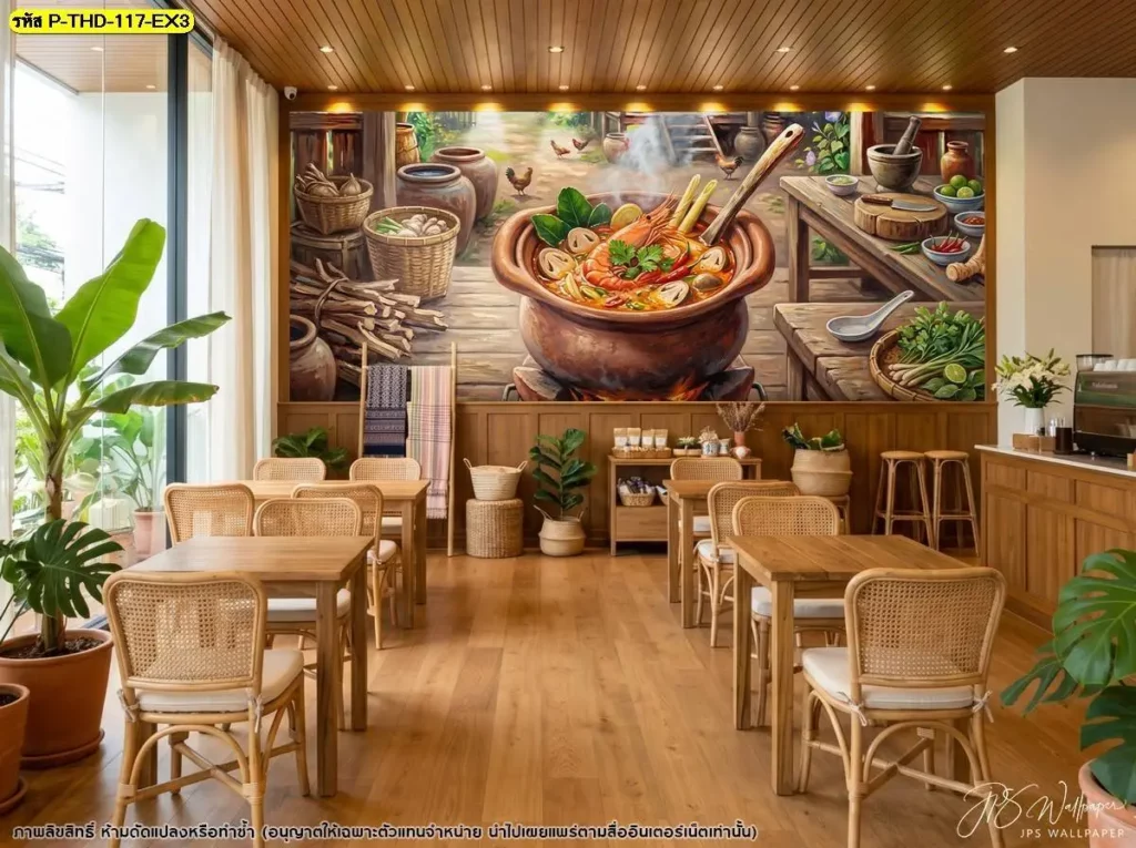 รูปภาพต้มยำกุ้งแต่งผนังร้านอาหารไทย เน้นกุ้งแม่น้ำและหม้อต้มยำเป็นองค์ประกอบหลัก พร้อมพริก ตะไคร้ และใบมะกรูด เหมาะสำหรับผนังหลังโต๊ะอาหาร
