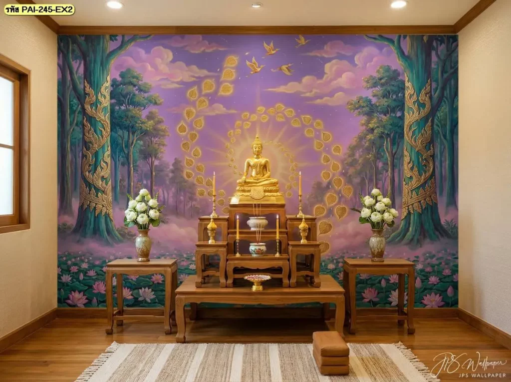 ร้านขายวอลเปเปอร์สำหรับห้องพระนำเสนอภาพใบโพธิ์สีทองสำหรับตกแต่งผนัง เหมาะกับสถานปฏิบัติธรรม พื้นที่นั่งสมาธิ และบริเวณที่ต้องการใช้ภาพพุทธศิลป์เป็นองค์ประกอบ