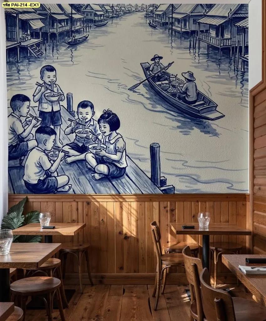 ภาพวาดตลาดริมน้ำไทยติดผนัง แสดงบรรยากาศการค้าขายริมคลอง เหมาะสำหรับร้านขายวอลเปเปอร์ที่ต้องการภาพตกแต่งร้านอาหารไทยให้มีรายละเอียดแบบชุมชน