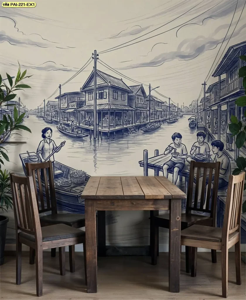 ภาพบรรยากาศคลองไทยแต่งร้านอาหาร ใช้บ้านไม้ เรือ และต้นไม้ริมคลองเป็นองค์ประกอบ เหมาะสำหรับร้านขายวอลเปเปอร์ที่ต้องการภาพสำหรับร้านอาหารไทยแบบดั้งเดิม