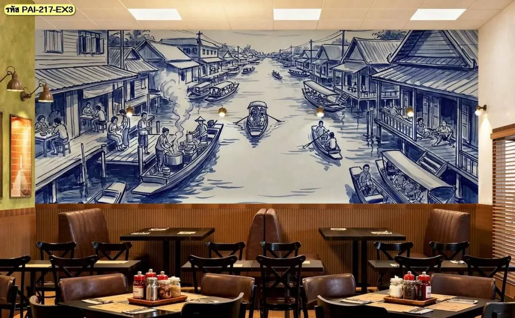 ภาพลายเส้นวิถีไทยตกแต่งร้าน ถ่ายทอดตลาดและชุมชนริมน้ำด้วยเส้นที่ดูเป็นระเบียบ เหมาะสำหรับร้านผลิตวอลเปเปอร์ที่ต้องการออกแบบภาพให้เข้ากับพื้นที่จริง