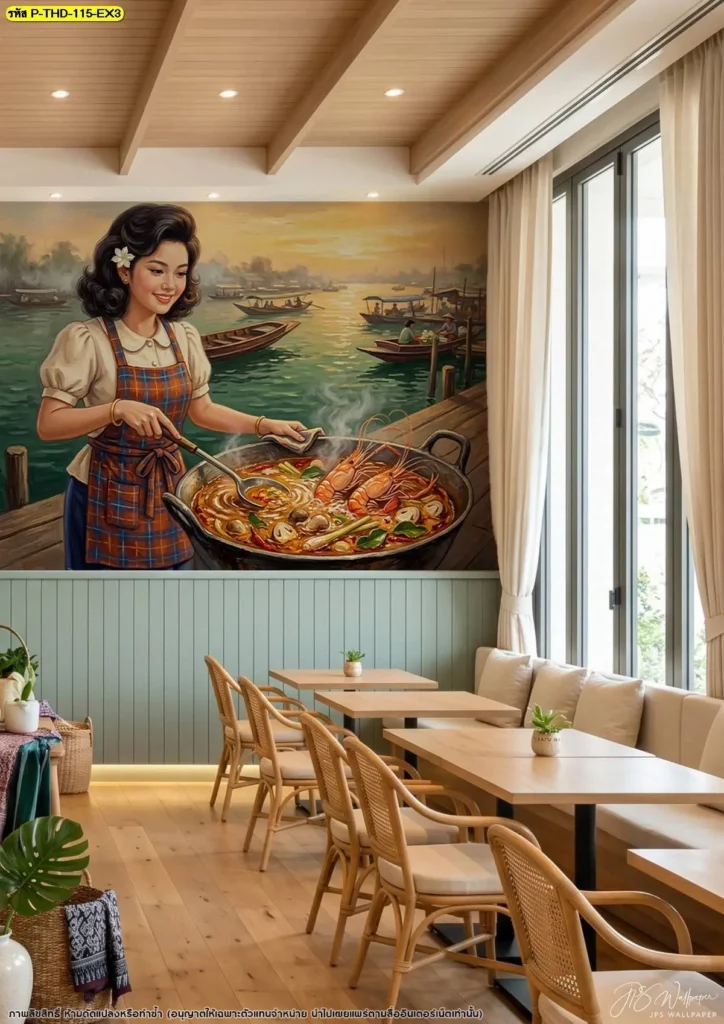 Tom Yum Goong Wallpaper Restaurant สำหรับตกแต่งผนังร้านอาหารไทย ใช้ภาพต้มยำกุ้งเป็นองค์ประกอบหลัก พร้อมจัดสัดส่วนให้เหมาะกับพื้นที่ติดตั้งจริง