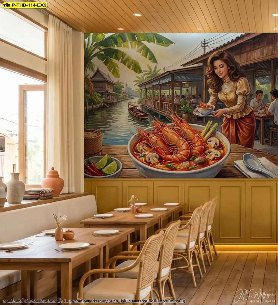 รูปภาพต้มยำกุ้งแต่งผนังร้านอาหารไทยดั้งเดิม เน้นกุ้งแม่น้ำและหม้อต้มยำเป็นจุดหลัก เหมาะสำหรับร้านอาหารไทยที่ต้องการนำภาพอาหารมาใช้ตกแต่งผนัง