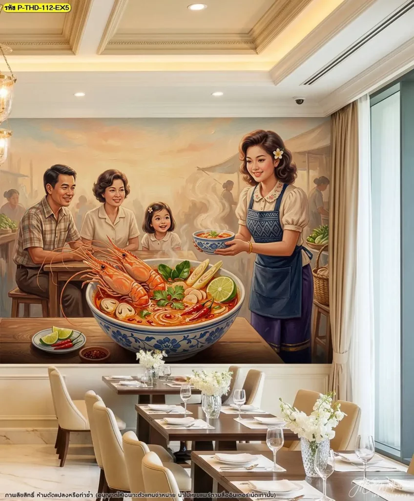Tom Yum Goong Restaurant Mural แสดงภาพกุ้งแม่น้ำ หม้อต้มยำ และวัตถุดิบไทย เหมาะสำหรับใช้เป็นภาพผนังขนาดใหญ่ในร้านอาหารไทยที่ต้องการสื่อถึงเมนู