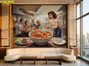 ภาพติดผนังต้มยำกุ้งร้านอาหารไทย แสดงกุ้งแม่น้ำ หม้อต้มยำ และสมุนไพรไทย เหมาะสำหรับตกแต่งผนังร้านอาหารไทยและสร้างจุดเด่นให้พื้นที่รับประทานอาหาร
