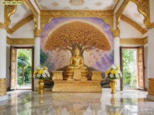 ภาพต้นโพธิ์สีทองพุทธศิลป์ แสดงต้นโพธิ์กิ่งก้านและใบในโทนสีทอง เหมาะสำหรับตกแต่งผนังห้องพระ หิ้งพระ และพื้นที่ที่ต้องการภาพพุทธศิลป์เป็นองค์ประกอบหลัก