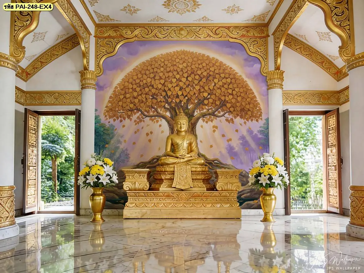 ภาพต้นโพธิ์สีทองพุทธศิลป์ แสดงต้นโพธิ์กิ่งก้านและใบในโทนสีทอง เหมาะสำหรับตกแต่งผนังห้องพระ หิ้งพระ และพื้นที่ที่ต้องการภาพพุทธศิลป์เป็นองค์ประกอบหลัก