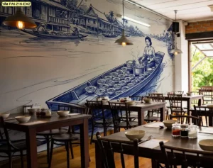 วอลเปเปอร์วิถีชาวบ้านริมคลองไทย แสดงบ้านเรือนและเรือริมคลอง เหมาะสำหรับร้านผลิตวอลเปเปอร์ที่ต้องการนำภาพชุมชนไทยมาตกแต่งร้านอาหารไทยดั้งเดิม