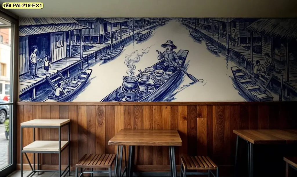 วอลเปเปอร์บรรยากาศชุมชนริมน้ำ สำหรับตกแต่งผนังร้านอาหารไทยด้วยภาพบ้านเรือนและตลาดริมคลอง เหมาะกับร้านที่ต้องการสร้างบรรยากาศไทยโดยใช้ภาพเป็นองค์ประกอบหลัก