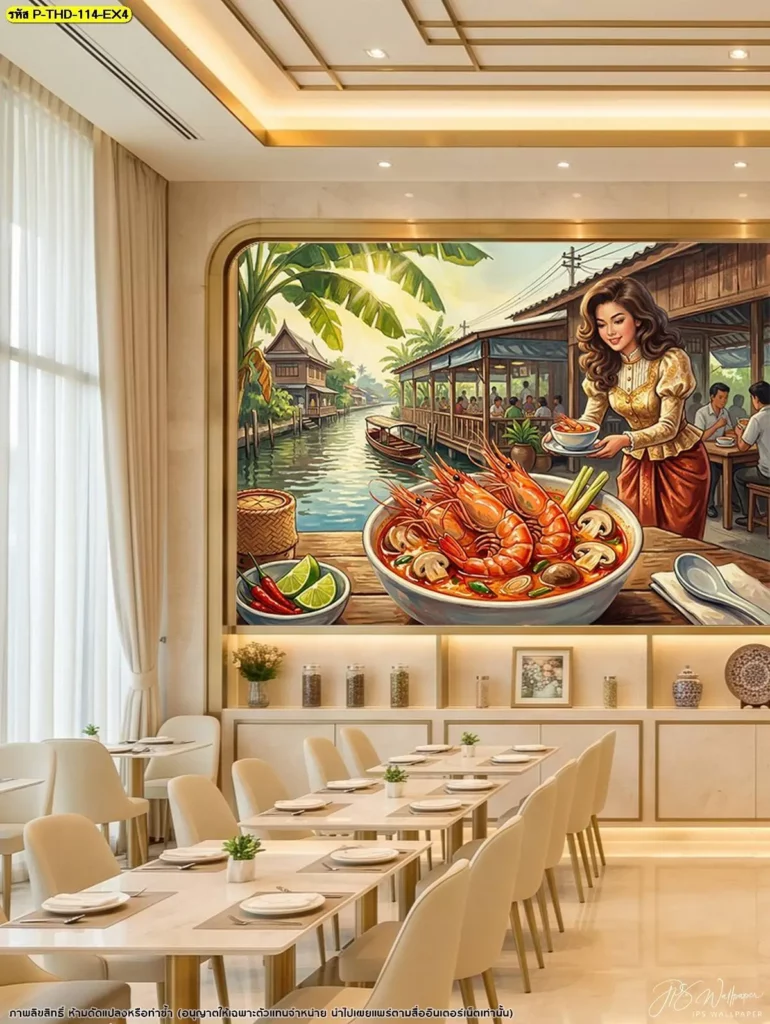 วอลเปเปอร์แต่งร้านอาหารไทยลายกุ้งแม่น้ำและต้มยำ พร้อมพริก ตะไคร้ และใบมะกรูด ช่วยเพิ่มรายละเอียดให้ผนังและเข้ากับร้านที่มีเมนูอาหารไทย