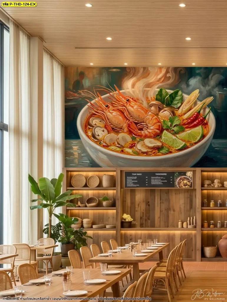 วอลเปเปอร์แต่งร้านอาหารไทยภาพกุ้งแม่น้ำและต้มยำ เหมาะสำหรับผนังขนาดใหญ่และพื้นที่หน้าร้าน โดยสามารถจัดสัดส่วนภาพให้เหมาะกับพื้นที่ติดตั้งจริง