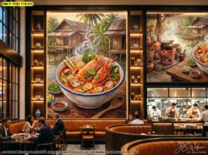 วอลเปเปอร์เมนูต้มยำกุ้งสำหรับร้านอาหาร แสดงกุ้งแม่น้ำ หม้อต้มยำ และสมุนไพรไทยอย่างชัดเจน เหมาะสำหรับใช้เป็นภาพหลักบนผนังร้านอาหารไทยที่ต้องการสื่อถึงเมนูของร้าน