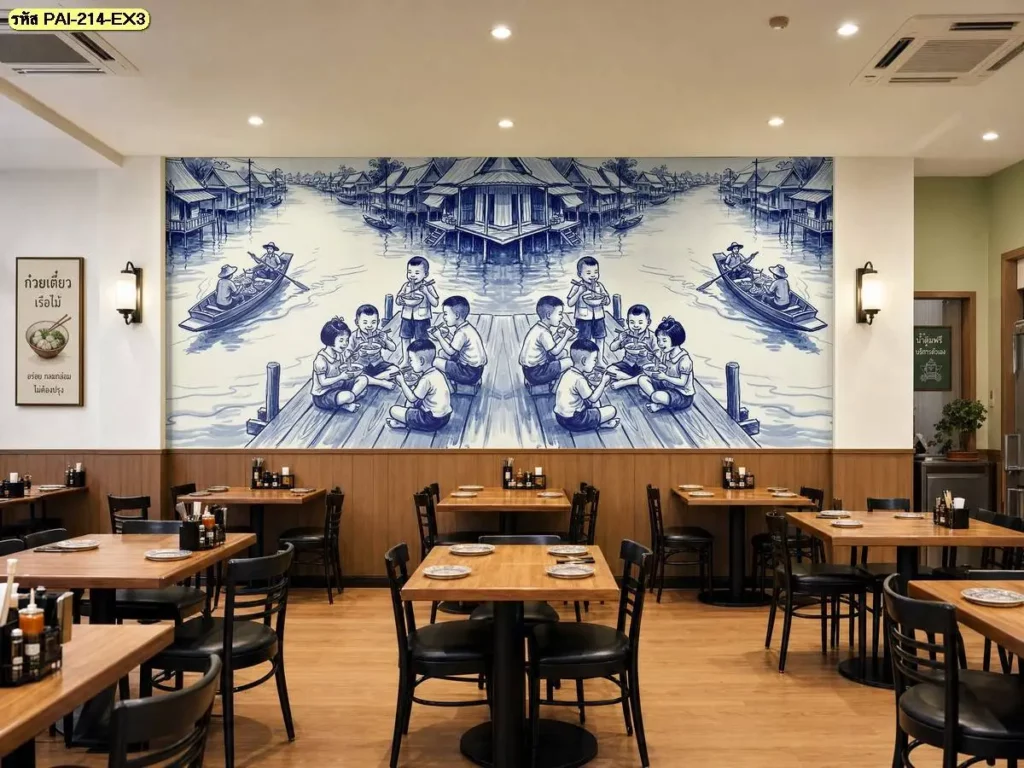 Thai Floating Market Wall Mural ถ่ายทอดตลาด เรือ และบ้านริมน้ำ เหมาะสำหรับร้านผลิตวอลเปเปอร์ที่ต้องการผลิตภาพติดผนังสำหรับร้านอาหารไทยตามขนาดจริง