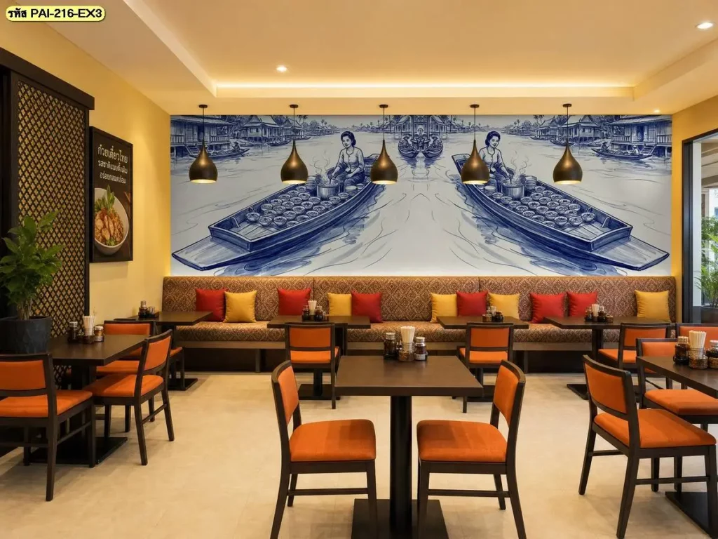 ภาพวาดวิถีไทยสำหรับตกแต่งร้าน ถ่ายทอดชุมชนริมน้ำด้วยบ้านไม้และเรือพาย เหมาะสำหรับร้านขายวอลเปเปอร์ที่ต้องการภาพไทยเป็นจุดเด่นบริเวณผนังหลัก