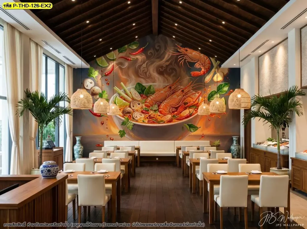 วอลเปเปอร์แต่งร้านอาหารไทยภาพต้มยำกุ้งแม่น้ำ จัดวางองค์ประกอบให้เหมาะกับผนังจริง สามารถใช้กับร้านอาหารไทย ฟู้ดคอร์ท และพื้นที่รีโนเวท