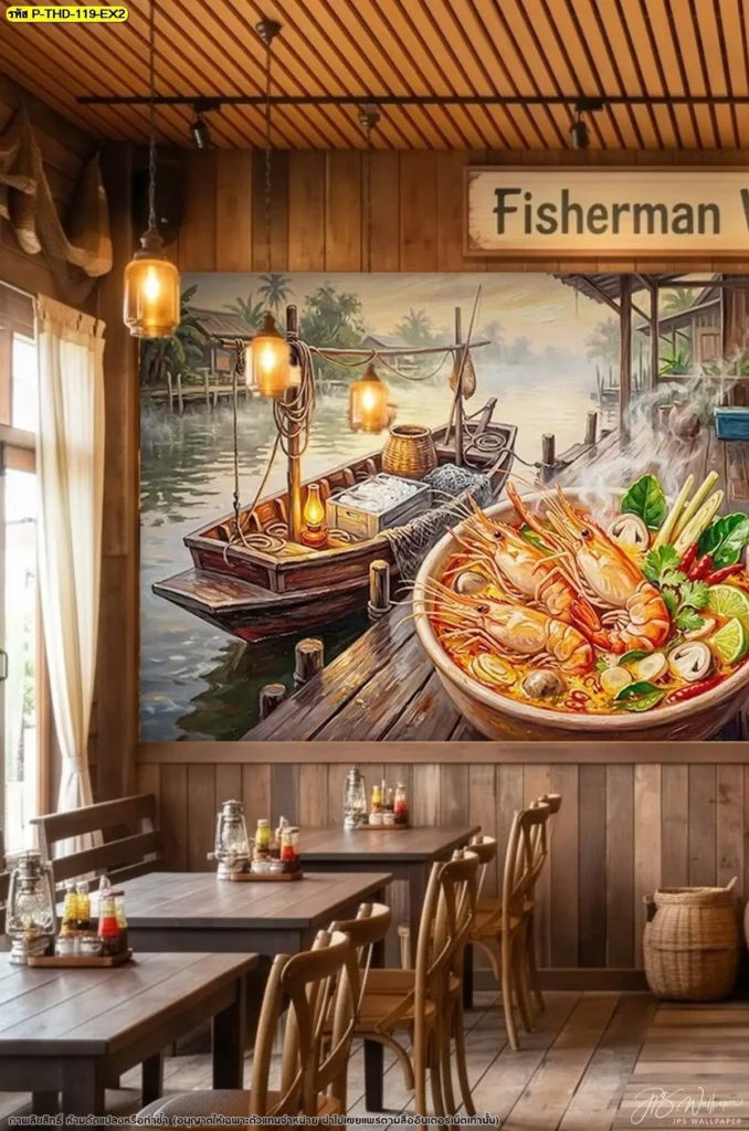 รูปภาพต้มยำกุ้งแต่งผนังร้านอาหารไทยดั้งเดิม แสดงรายละเอียดกุ้งแม่น้ำ พริก ตะไคร้ และใบมะกรูด เหมาะกับร้านที่ต้องการสื่อถึงอาหารไทยผ่านผนัง
