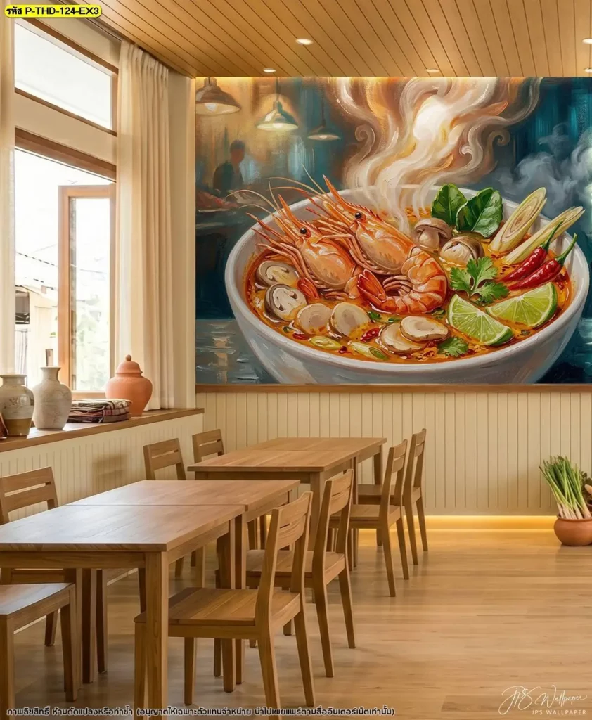 วอลเปเปอร์แต่งร้านอาหารไทยภาพต้มยำกุ้งแม่น้ำ ใช้สีของอาหารและสมุนไพรเป็นองค์ประกอบ เหมาะสำหรับร้านที่ต้องการเพิ่มรายละเอียดให้ผนังโดยไม่ใช้ของตกแต่งจำนวนมาก