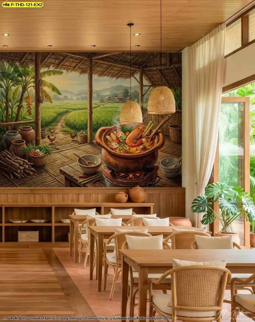 ร้านผลิตวอลเปเปอร์สำหรับงานร้านอาหาร สามารถออกแบบภาพต้มยำกุ้งให้สัมพันธ์กับตำแหน่งประตู หน้าต่าง เสา และเฟอร์นิเจอร์ เพื่อให้ส่วนสำคัญของภาพยังคงมองเห็นได้ชัด