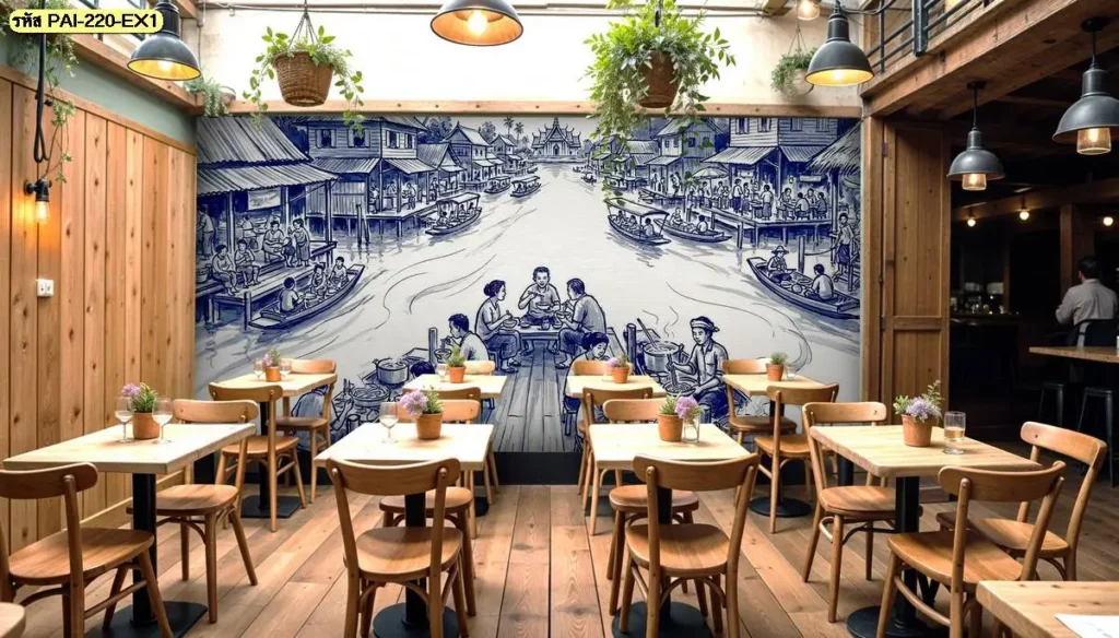 Thai Floating Market Wall Mural แสดงวิถีชีวิตริมคลองผ่านเรือและบ้านเรือน เหมาะสำหรับร้านขายวอลเปเปอร์ที่ต้องการตกแต่งร้านอาหารไทยดั้งเดิมด้วยภาพตลาดไทย