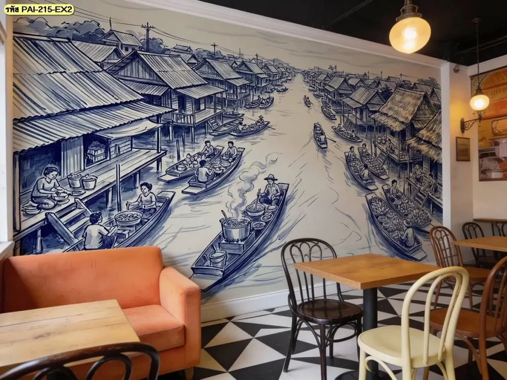 ภาพวาดตลาดริมน้ำไทยติดผนัง ใช้รายละเอียดของเรือ บ้านไม้ และผู้คนเป็นองค์ประกอบหลัก เหมาะกับร้านขายวอลเปเปอร์ที่ต้องการนำเสนอภาพตกแต่งร้านอาหารแบบไทย