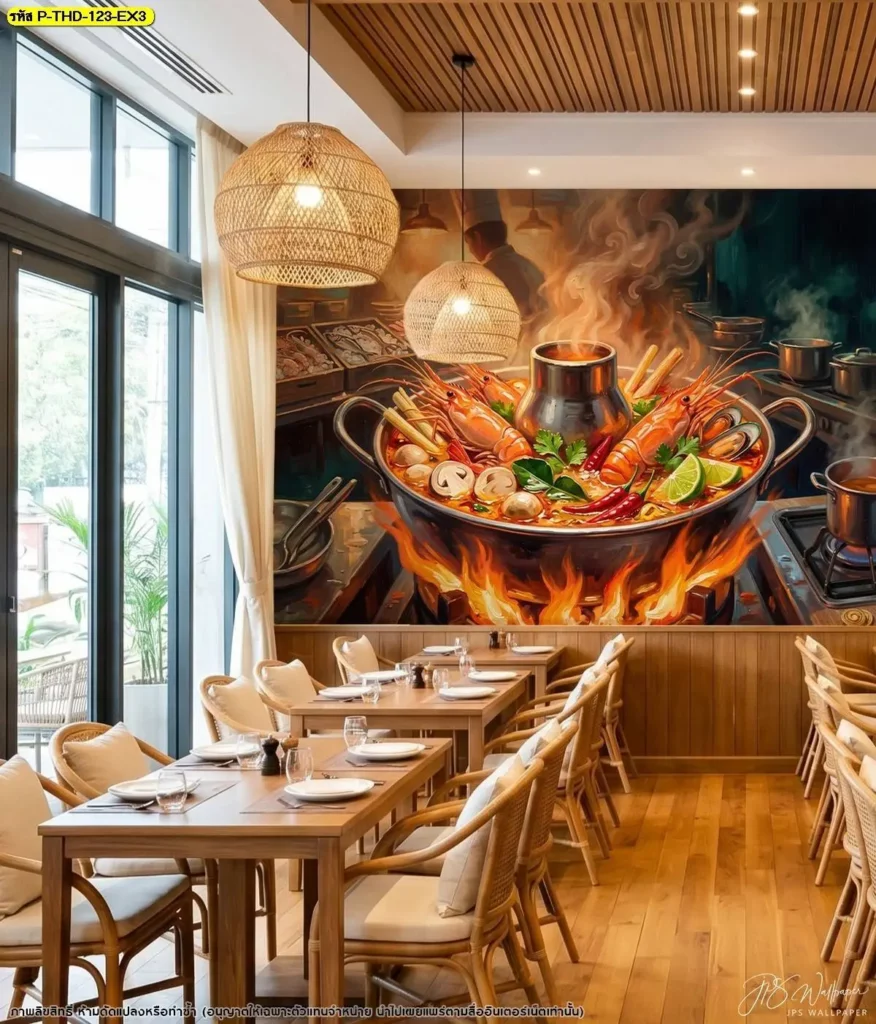 ภาพติดผนังเมนูต้มยำกุ้งขนาดใหญ่สำหรับร้านอาหารไทย ใช้ภาพอาหารเป็นจุดนำสายตา เหมาะกับผนังไฮไลต์และพื้นที่ที่ต้องการเพิ่มรายละเอียด โดยรับผลิต