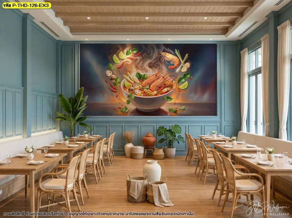รูปต้มยำกุ้งแม่น้ำสำหรับตกแต่งร้าน เน้นตัวกุ้งขนาดใหญ่และหม้อต้มยำ เหมาะสำหรับใช้เป็นภาพเด่นบริเวณผนังร้านอาหารไทยและพื้นที่หลังโต๊ะอาหาร